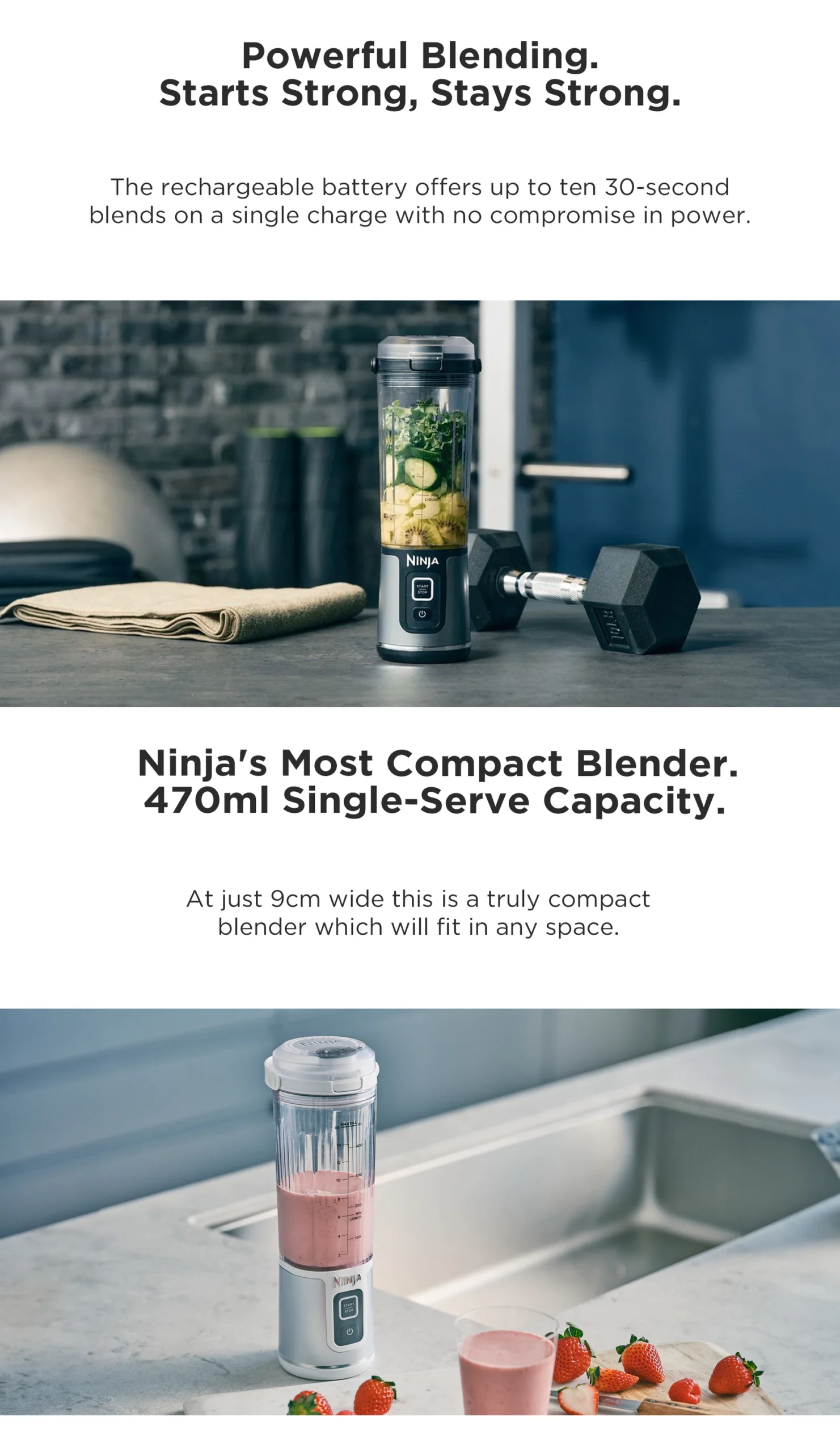 Ninja Blast Portable Blender, 530ml, Rechargeable with USB-C Cord, Crushes Ice, lightweight, BPA Free, Ninja BC151SM