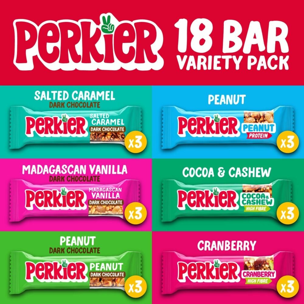 【Flash Sale】Perkier Variety Box (18 bars), Vegan, Gluten Free, Protein, Lower Sugar, Healthy Snacks for Adults, Low Calorie, Halal, Breakfast Bar, High Fibre, Nut, Cereal, Gut Health, Multipack, Plant Based - Image 2