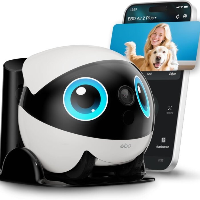 Enabot EBO Air 2 Plus FamilyBot 3K Home Camera Robot: Indoor Camera. Movable Robot Companion. 2-Way Video. AI Chat Mode. Auto-Recharge. Long Battery Life. Custom Facial Image. Night Vision