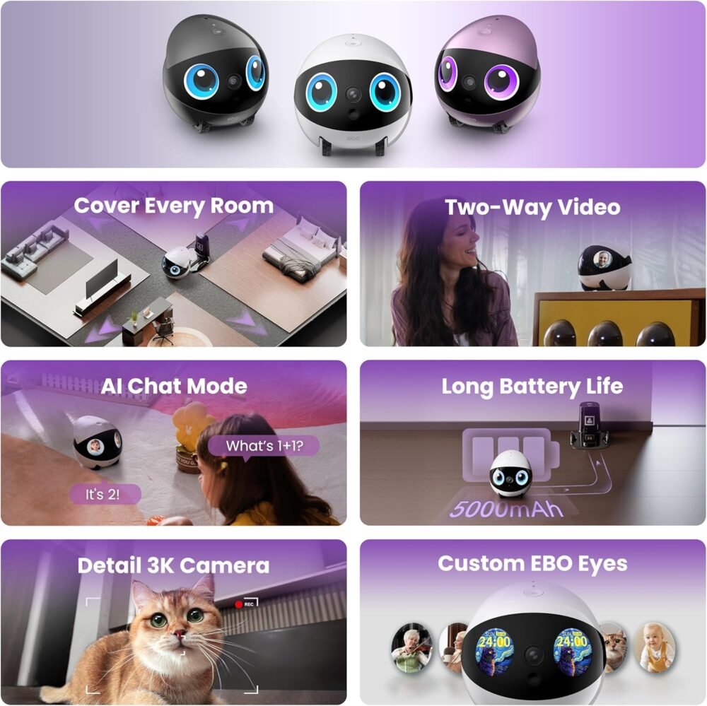 Enabot EBO Air 2 Plus FamilyBot 3K Home Camera Robot: Indoor Camera. Movable Robot Companion. 2-Way Video. AI Chat Mode. Auto-Recharge. Long Battery Life. Custom Facial Image. Night Vision - Image 2