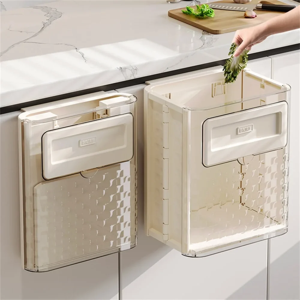 Hanging Kitchen Trash Can, Dingrich 3 Gallon Collapsible Waste Bin, Small Plastic Folding Hang Garbage Can for Cabinet Bedroom Bathroom Kitchen Office Car, Beige - Image 6