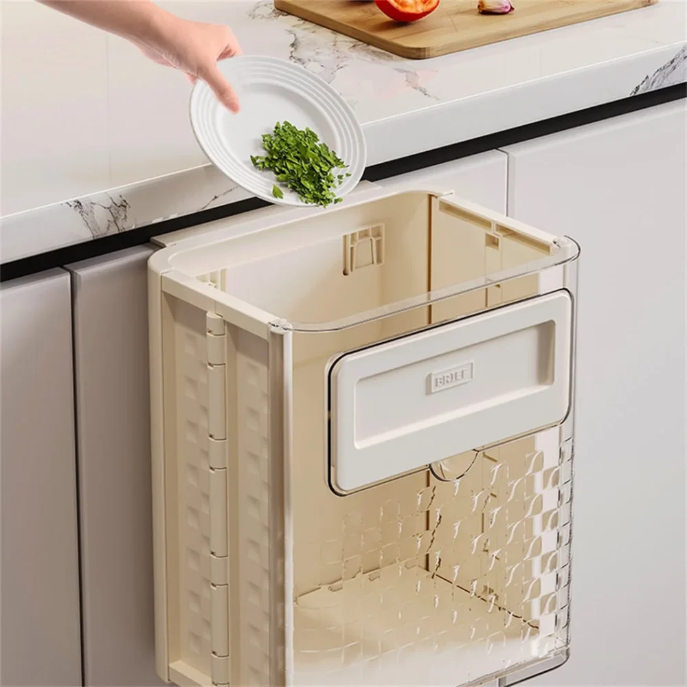 Hanging Kitchen Trash Can, Dingrich 3 Gallon Collapsible Waste Bin, Small Plastic Folding Hang Garbage Can for Cabinet Bedroom Bathroom Kitchen Office Car, Beige - Image 7