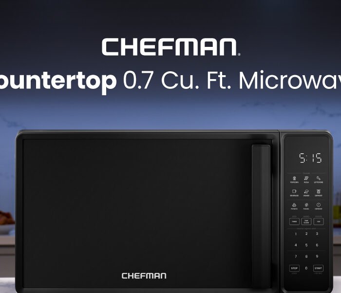 Chefman Countertop Microwave Oven 0.7 Cu. Ft.. 700 Watts with 10 Power Levels. 6 Cooking Presets with One-Touch Express Cook. Eco Mode. Child Safety Lock. & Mute Button - Black