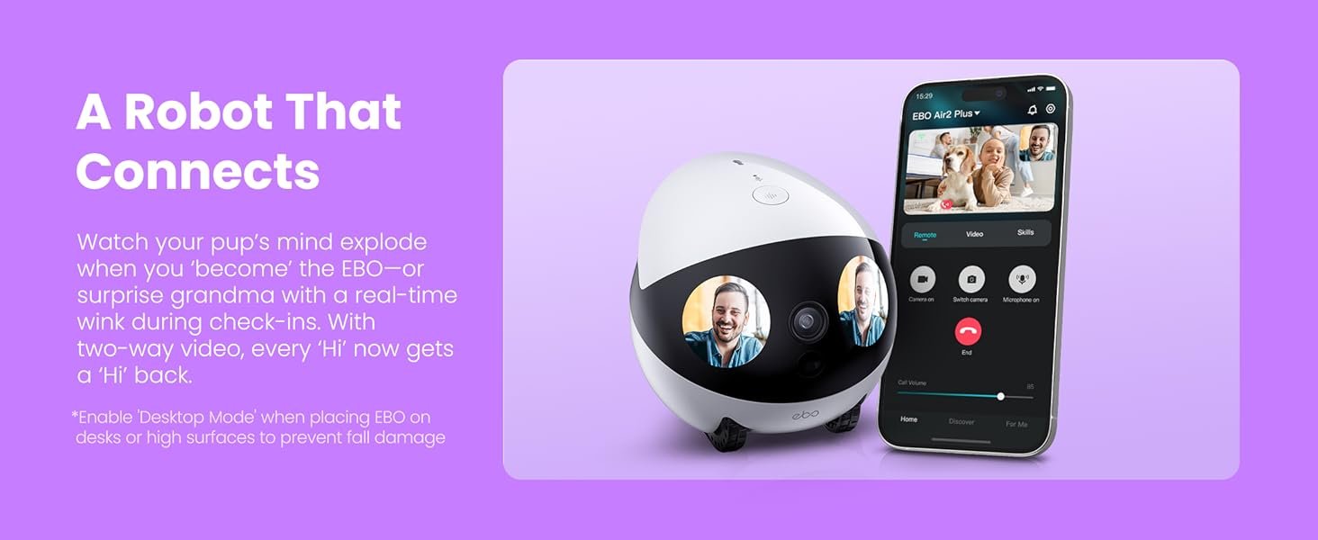 Enabot EBO Air 2 Plus FamilyBot 3K Home Camera Robot: Indoor Camera. Movable Robot Companion. 2-Way Video. AI Chat Mode. Auto-Recharge. Long Battery Life. Custom Facial Image. Night Vision