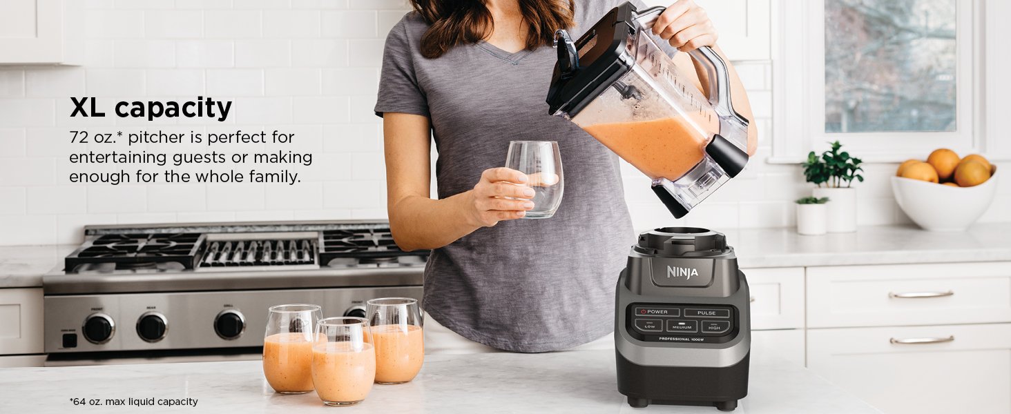 Ninja Professional Blender 1000W. Total Crushing Technology- Smoothies. Ice Crushing & Frozen Fruit. Full-Size Countertop Blender. 72-oz. Pitcher. Black & Grey. BL610